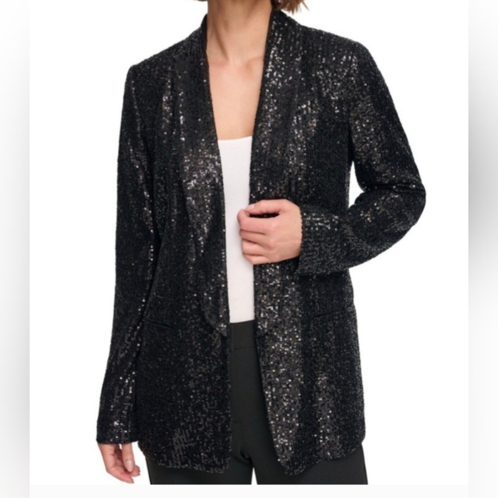 New w/Tag DKNY Womens Black  Sequined Evening Blazer Jacket Petite 8P